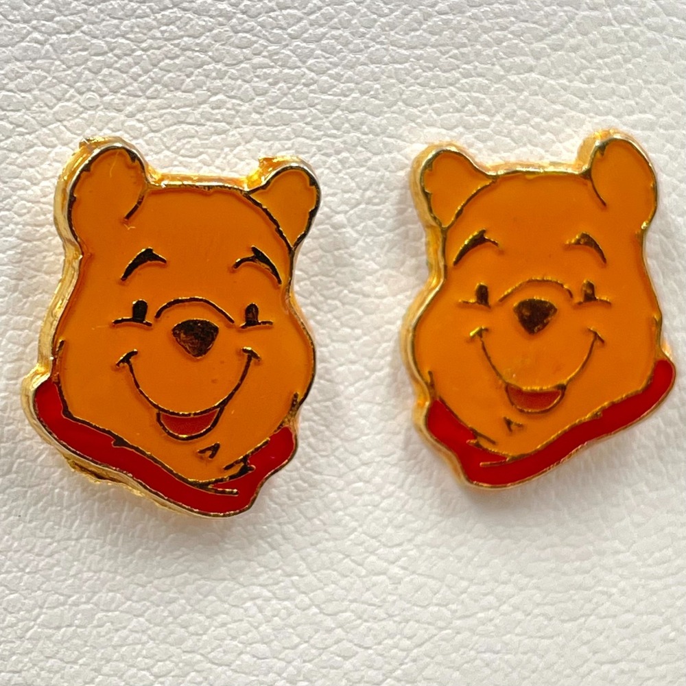 Vintage Disney Winnie the Pooh Stud Earrings Gold Tone Orange Red Enamel Y2K